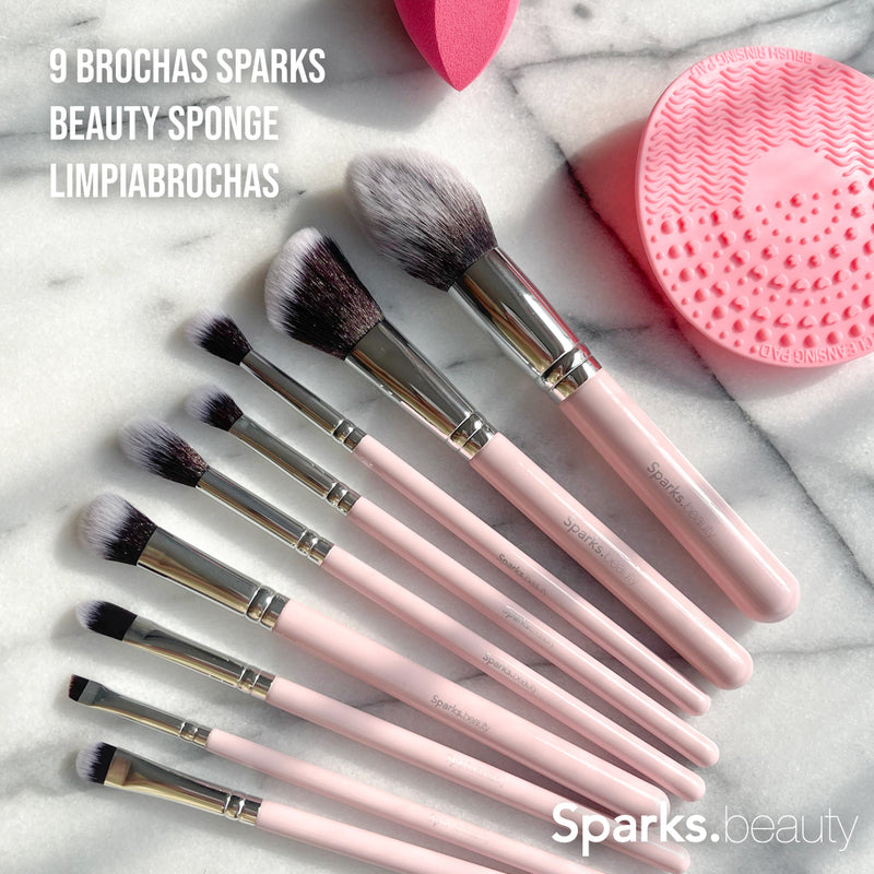 Set De 9 Brochas Pink Essentials + Esponja + Limpiador