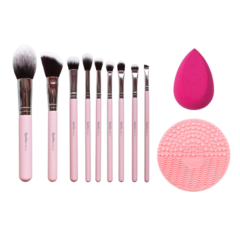 Set De 9 Brochas Pink Essentials + Esponja + Limpiador